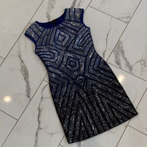 BCBGMaxAzria Navy and Silver Geometric Sequin Mini Dress